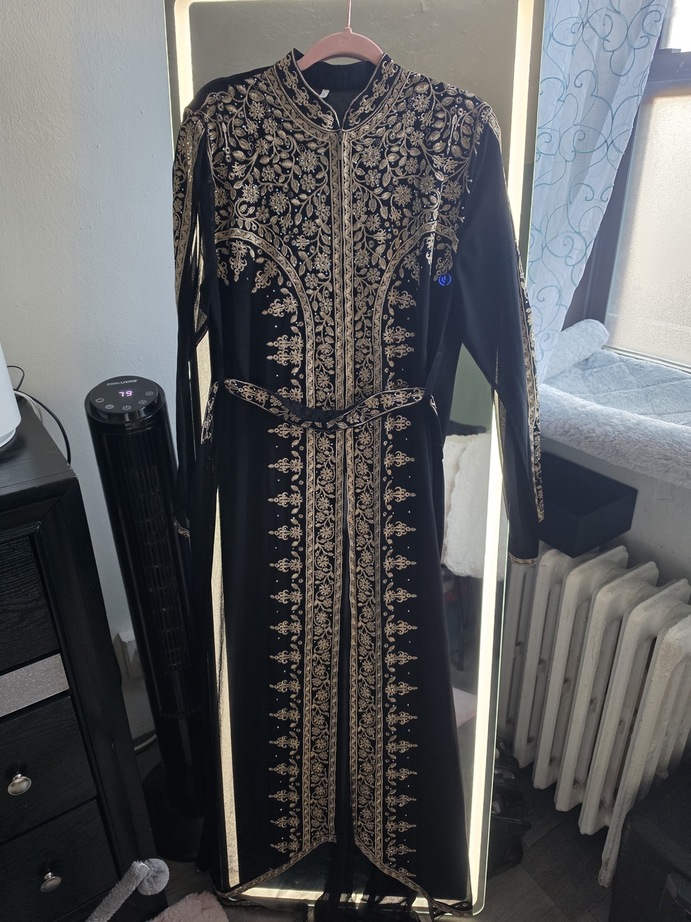 Embroidered Black Long Coat Dress with Gold Detailing